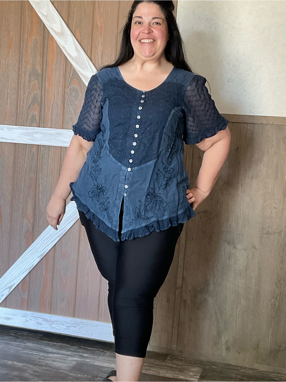 Denim 24/7 Navy Button-Front Embroidered Peplum Top